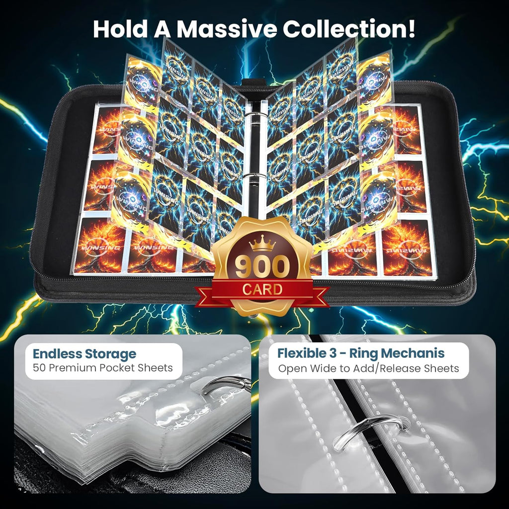 Skiennix Card Binder - 9 Pocket Zipper Case with 50 Removable Pages for Game & Sports Cards | Black