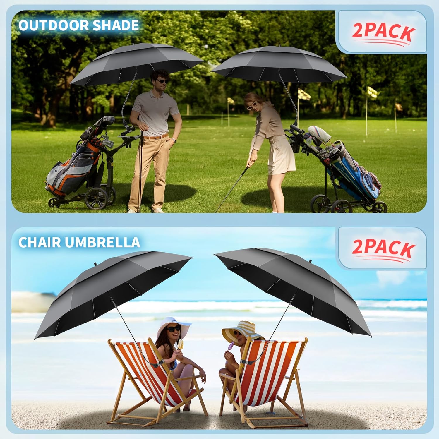 Skiennix Double Canopy Umbrella - 48.6" UPF50+ Beach Chair Umbrella with Clamp | 360° Adjustable for Outdoor Use