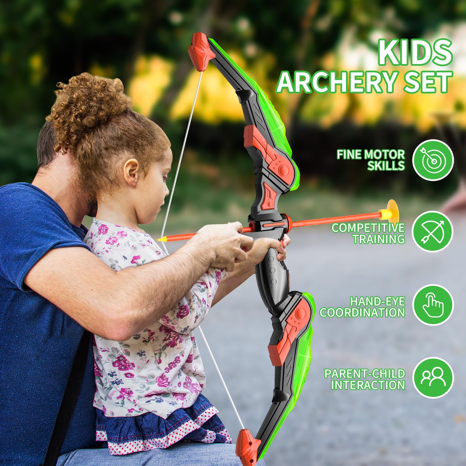TEMI Bow and Arrow Set for Kids 4-8,Kids Archery Set with LED Lights Includes 10 Suction Cup Arrows, Quivers & Standing Target, Outdoor Toys for Boys & Girls Ages 3-12 Years Old