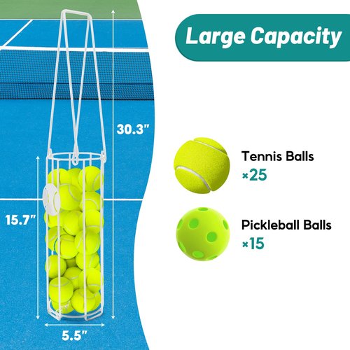 HolyMaji Cylindrical Tennis Ball Hopper Collector Pickleball Balls Retriever Basket Tennis Ball Picker Upper for Easy Picking and Storage Metal Container Holds 24 Tennis Balls Training Caddy (White)