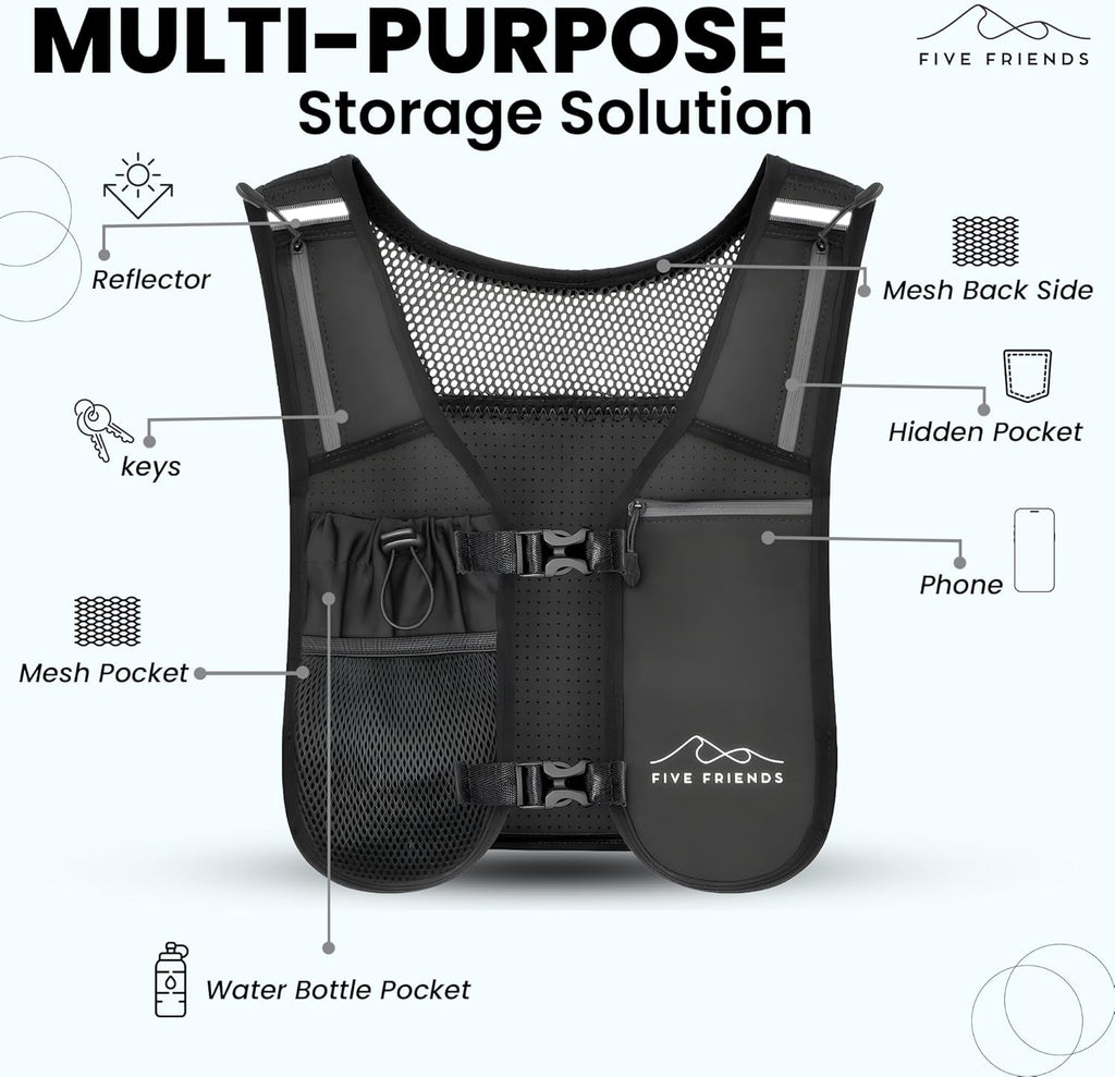 Skiennix Running Vest - Lightweight Reflective Hydration Pack with 6 Pockets | Adjustable for Men & Women