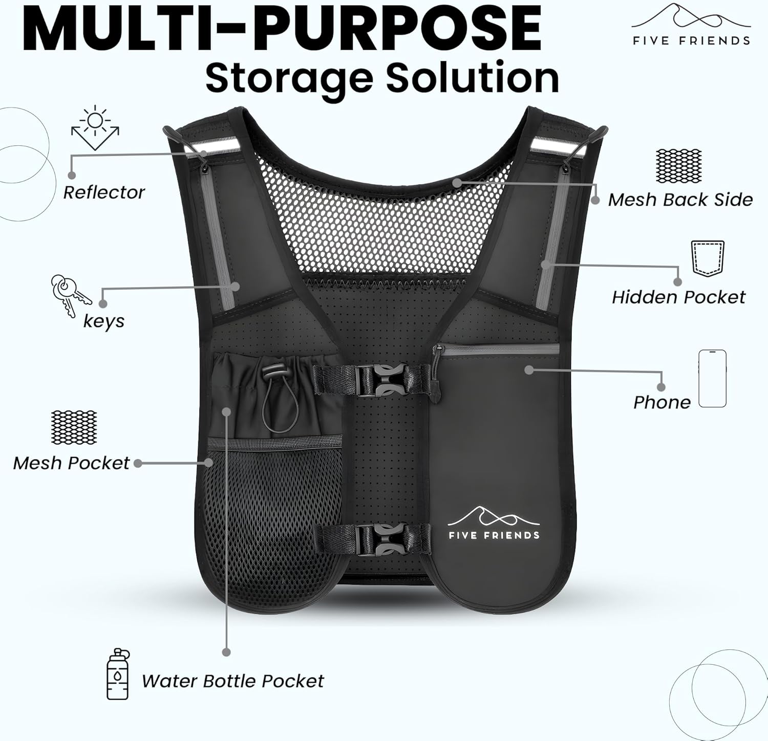 Skiennix Running Vest - Lightweight Reflective Hydration Pack with 6 Pockets | Adjustable for Men & Women