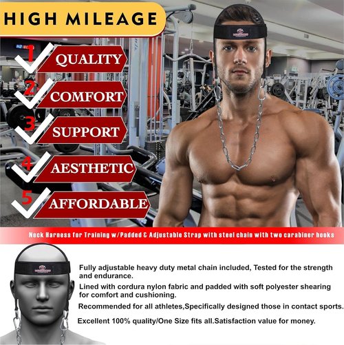 Fightsense Neck Harness Adjustable Padded Strap with Steel Chain, Weight Lifting Head Harness for Neck Exercise in Home & Gym (Black L)