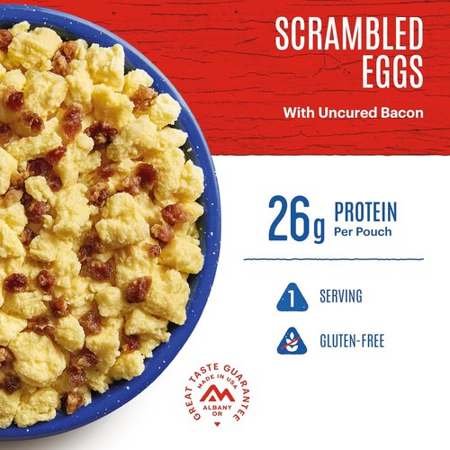 Mountain House Scrambled Eggs with Uncured Bacon - Freeze-Dried Camping Food | Gluten-Free | 1 Serving