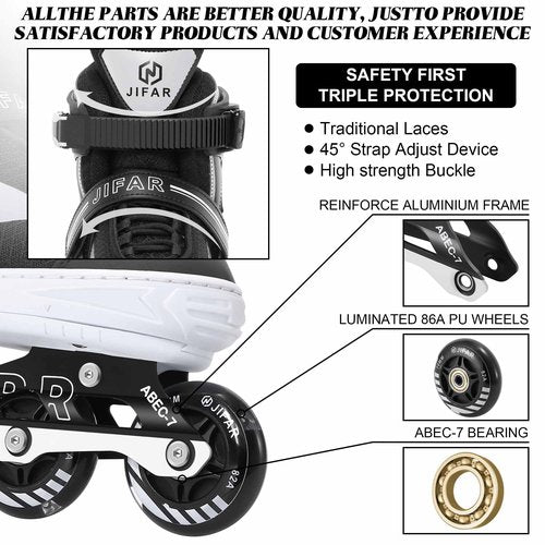 JIFAR Adjustable Inline Skates for Teens and Adults, Light Up Wheels Roller Blades, Large Size for Women 5–8 Men 4–7, Outdoor Inline Skates for Beginners