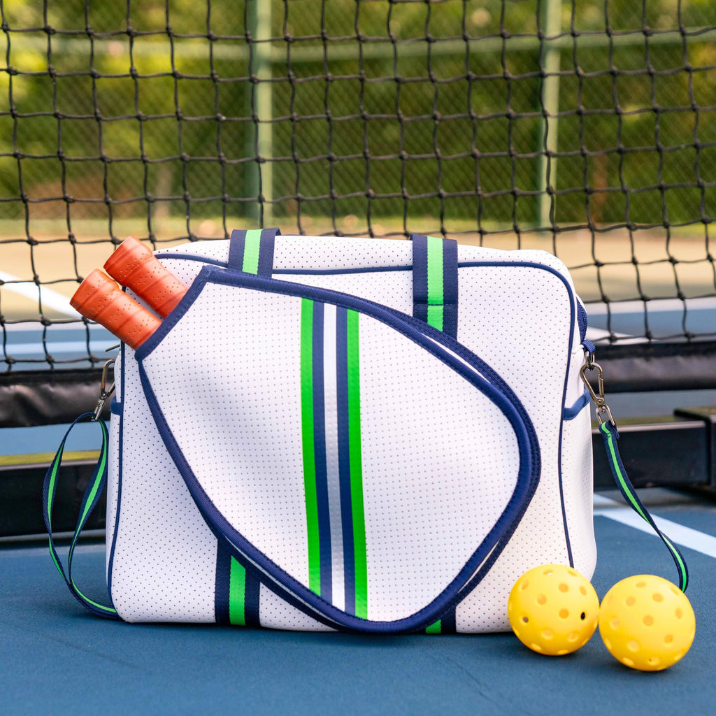 Queen of the Court Brooklyn Pickleball Bag with fence hook Cute Functional White Pickleball Tote Bag with Compartments for Water Bottle, Paddles, Balls & Accessories. (White Navy/Green/Silver)