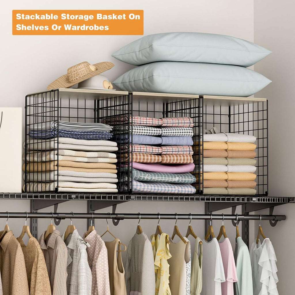 Skiennix Closet Organizers - Set of 3 Stackable Wire Storage Bins with Wood Top | Sturdy Metal Design in Black
