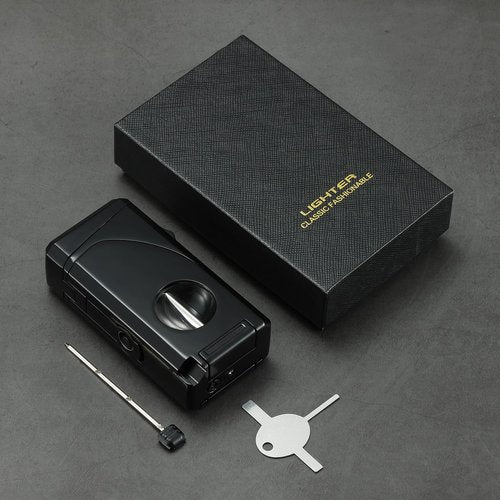 All in One Triple Jet Flame Butane Torch Lighter Built-in Cutter, Cutter V Cut, Punch, Holder Function, Draw Enhancer Tool, Refillable and Adjustable Windproof Lighter. Black(Sold Without Gas)