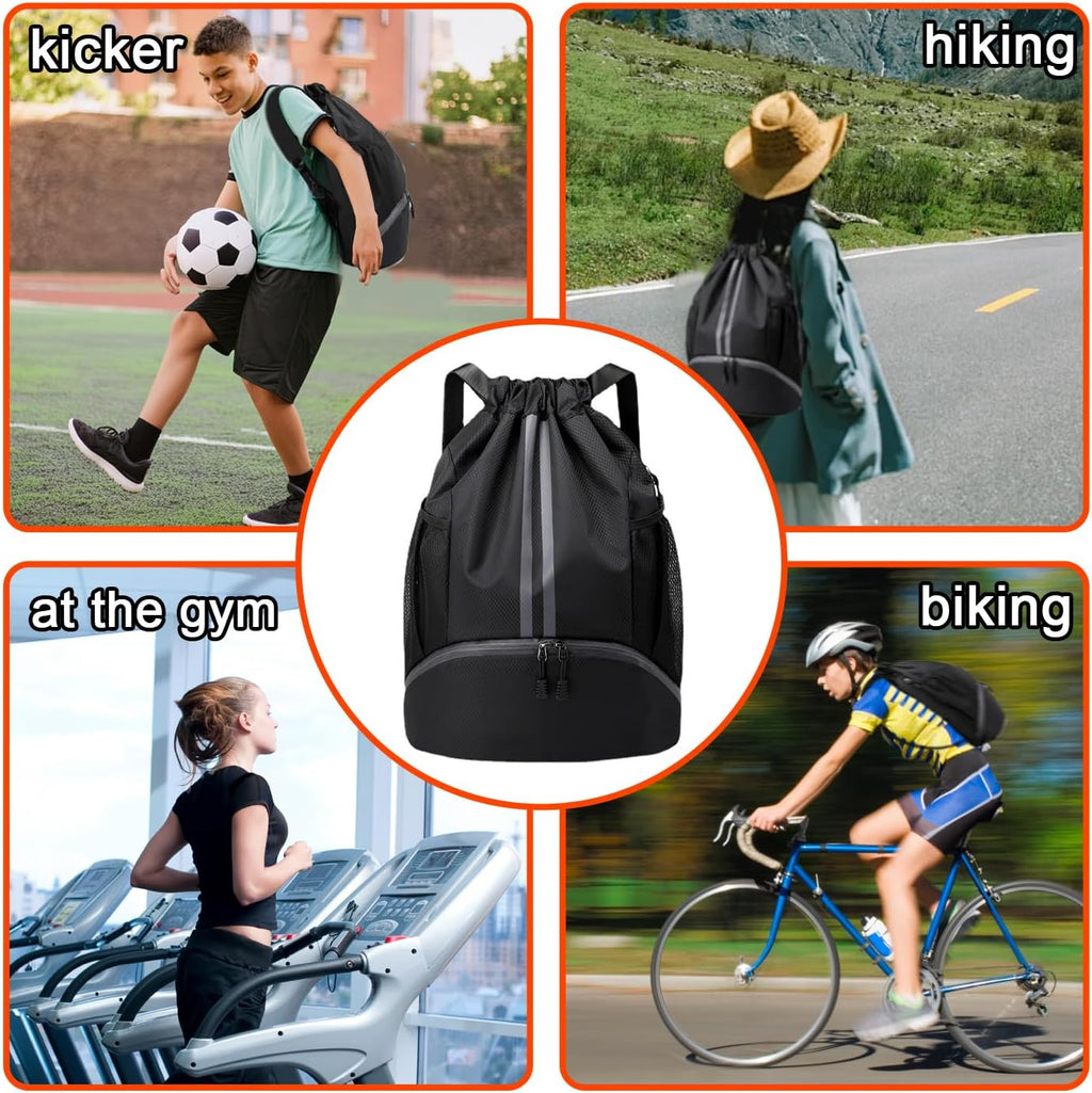 Skiennix Waterproof Drawstring Backpack - Unisex Gym Bag with Wet/Dry Separation | Black, One Size