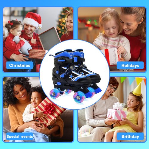 Kids Roller Skates for Boys Girls, 4 Size Adjustable Kids Rollerskates with Light Up Wheels, Quad Skates for Beginner Ages 5-8 8-12