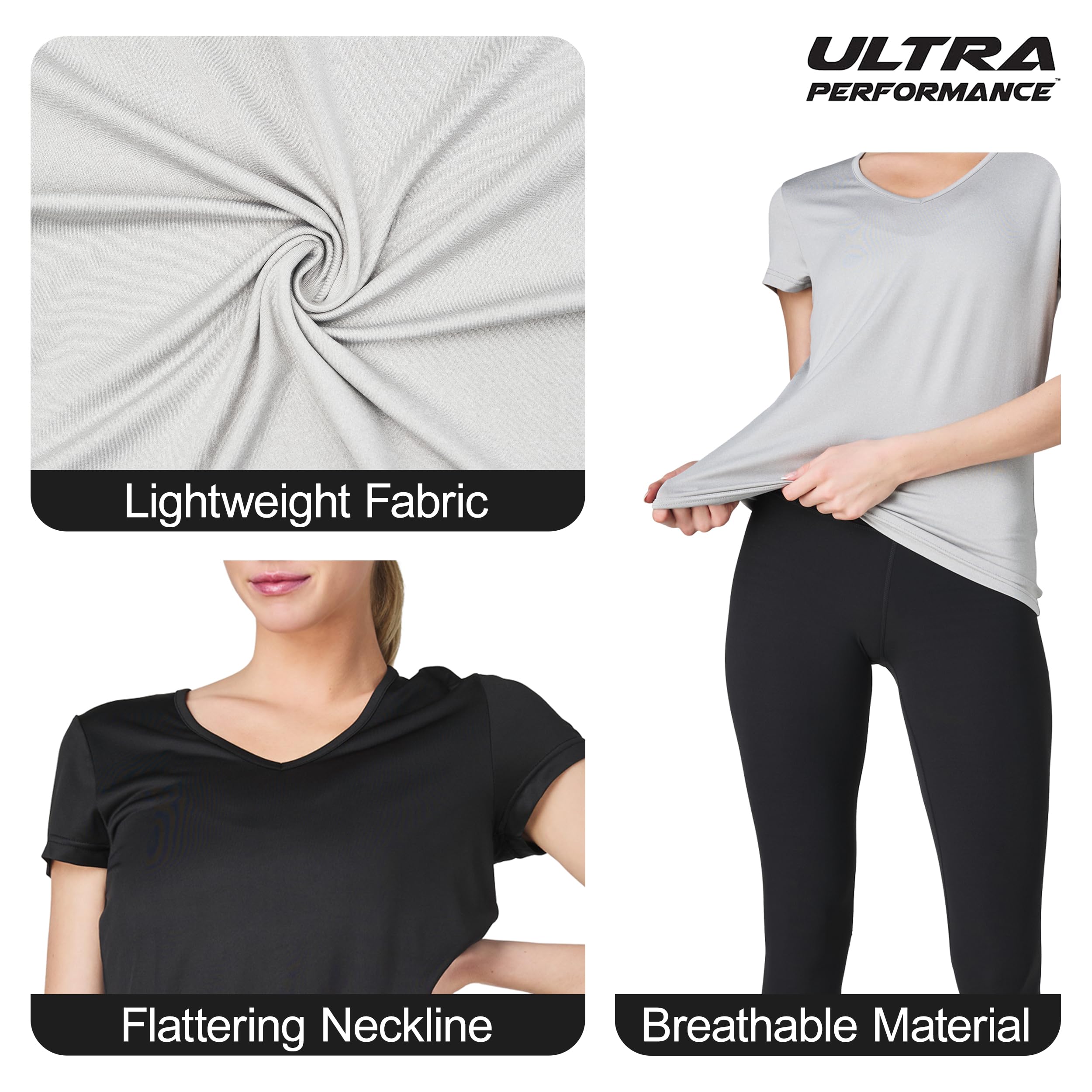 Women's V-Neck Activewear T-Shirts 3 Pack Athletic Womens Short Sleeve Workout Tops Dry Fit Shirt Gym & Yoga Tees for Women Black/Grey/White
