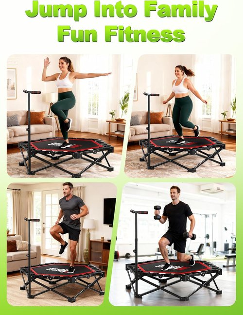 42" Foldable Mini Trampoline - 450lb Capacity Fitness Rebounder with 3-Level Adjustable T-Bar | Non-Slip Pad for Home or Gym Workouts