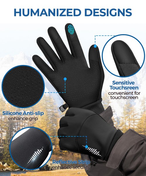 rivmount Water-Resistant Winter Gloves Touch Screen, Women Men Thermal Warm Gloves Suit for Cold Weather Running, Cycling, Hiking, Bike, Ski, Snow, Driving, Work, Outdoor Black Size M
