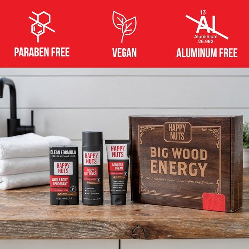 HAPPY NUTS Men's Hygiene Kit | Big Wood Energy Box with Deodorant, Body Wash & Comfort Cream - Ultimate Self-Care Gift Set