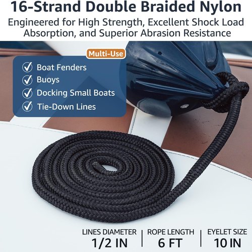 Marine Grade Nylon Boat Fender Lines by [Brand Name] - 4 Pack 1/2" x 6' with 10" Loop for Easy Docking - Fray Resistant & Double Braided - Black