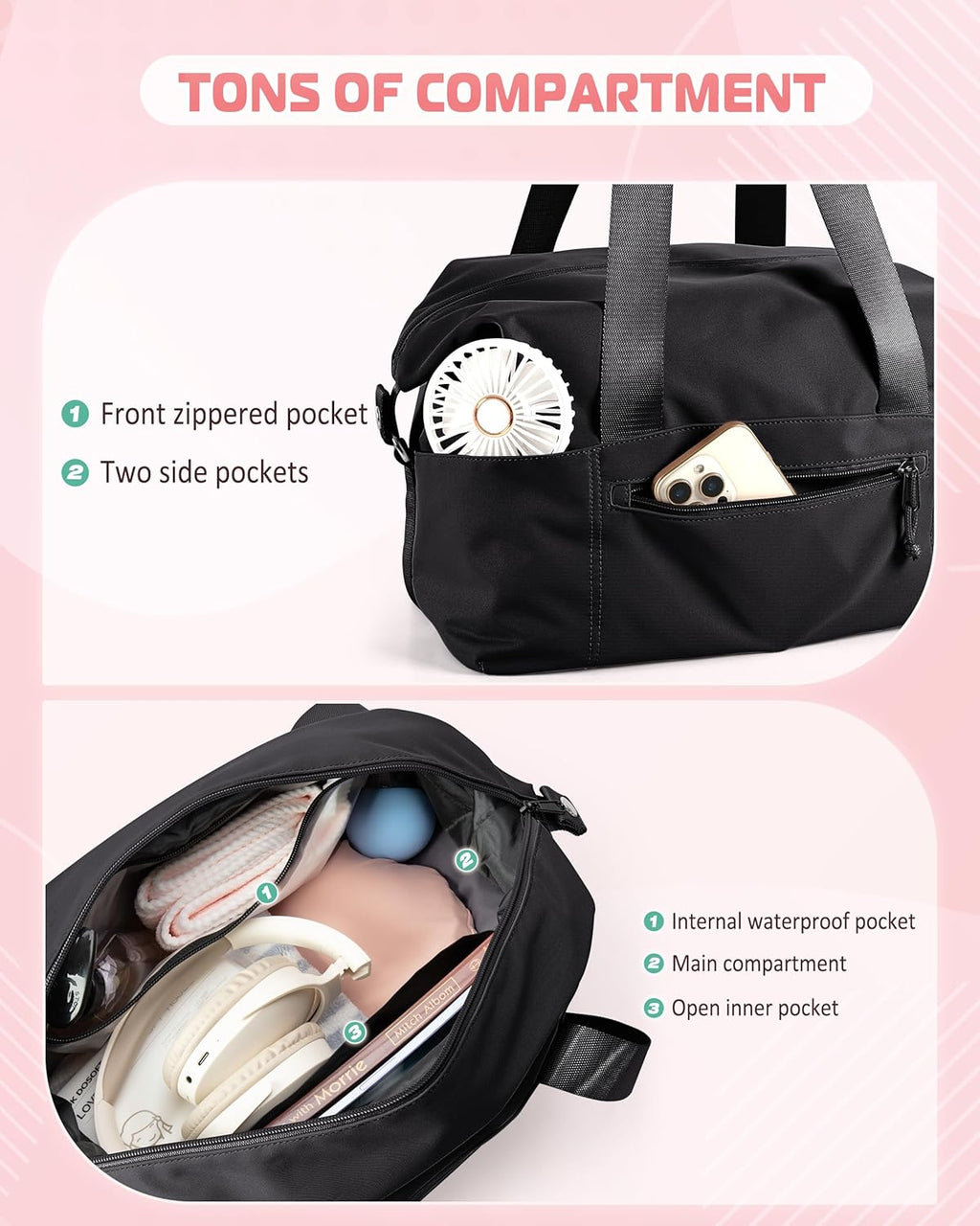 Smasrob Small Gym Bag - Yoga Mat Holder, Wet Pocket & Pouch | Black Duffle for Women with Crossbody Strap
