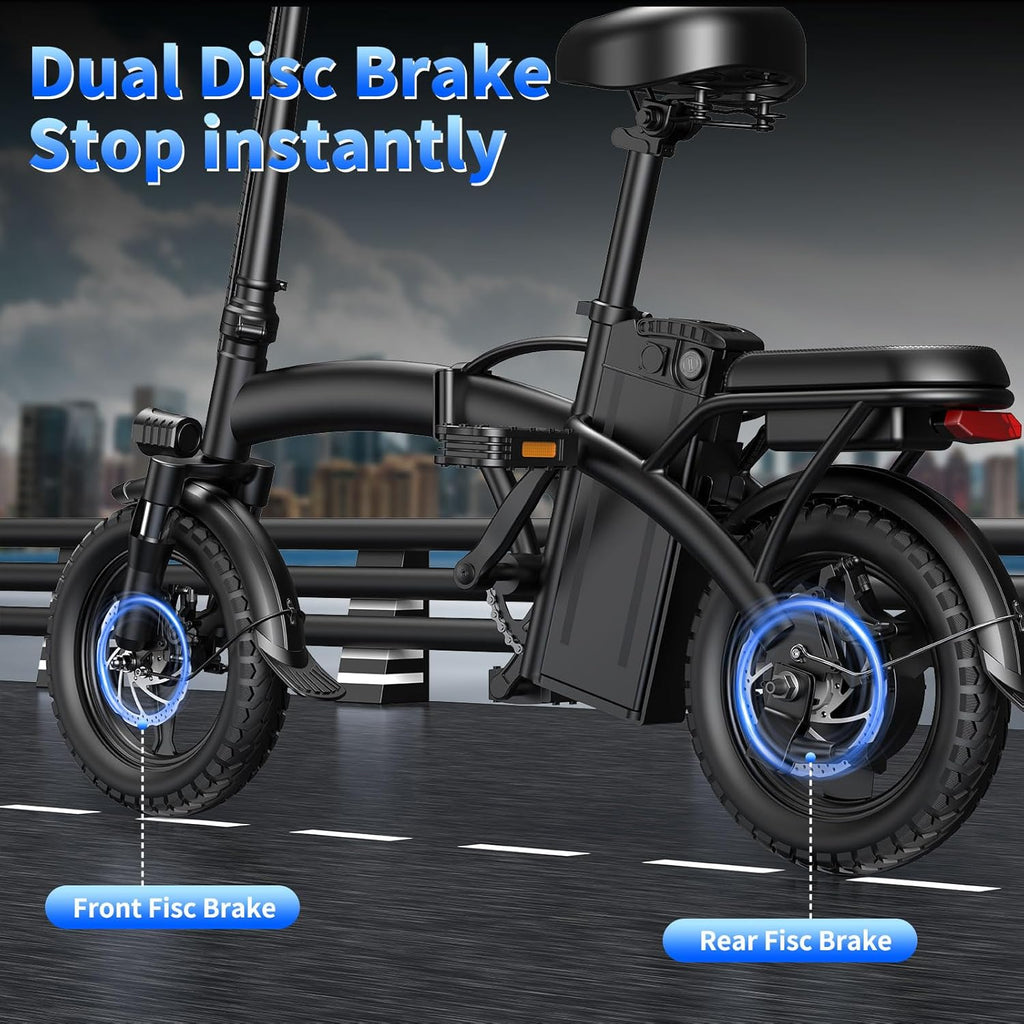 Peak Folding Electric Bike - 1200W/1000W | 25 MPH, 48V 10Ah, 45 Miles Range, 14" Tire Full Suspension