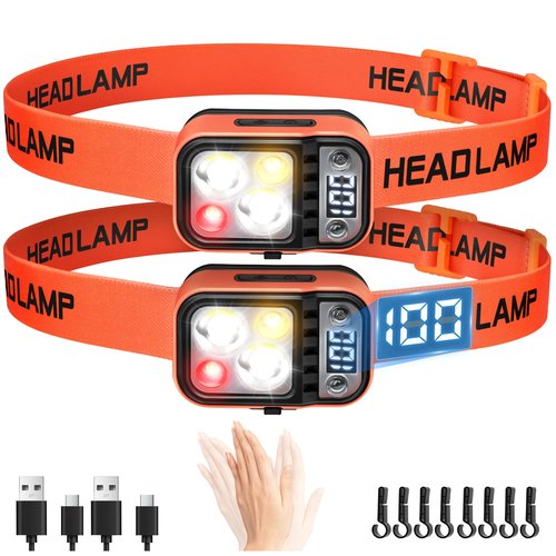 DARKBEAM LED Headlamp High Lumens USB Rechargeable Dual Light Headlight for Hardhat with Motion Sensor, Digital Power Display, Up/Down Adjustable, Waterproof Head Lamps for Camping, Repairs, 2 Pack