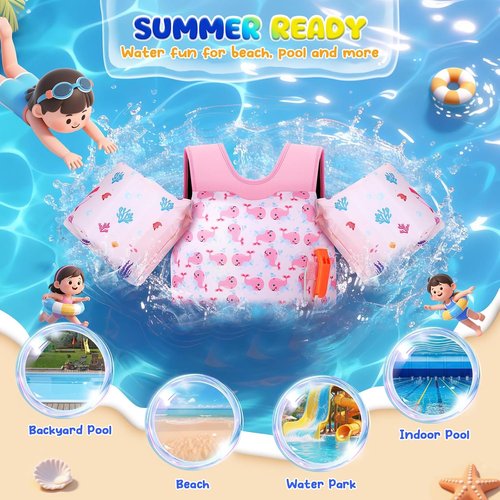 MoKo Toddler Swim Vest for Kids 13-30/20-50/22-66lbs, Swim Arm Floaties Cartoon Swimming Water Wings Pool Float Vests Sleeves Shoulder Straps Arm Band for Children Learn to Swim