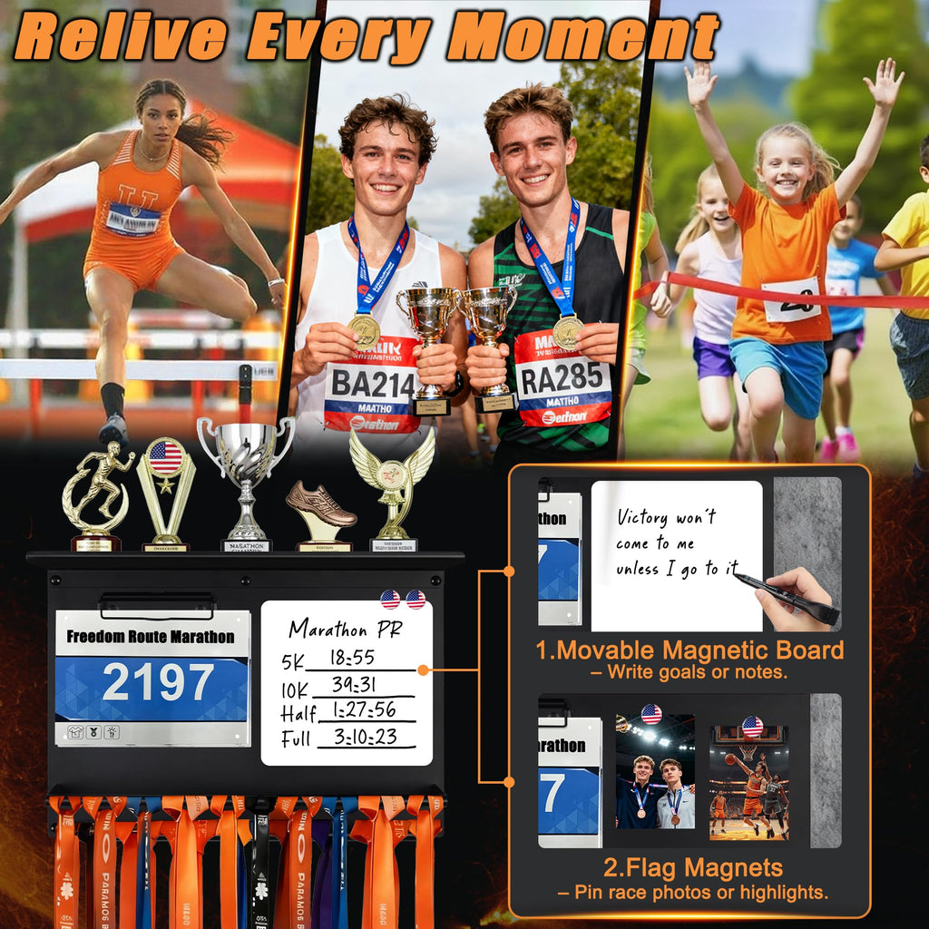 KWYADLUO Running Medal Hanger Display with Trophy Shelf, Race Bib Holder and Whiteboard, 2-Bar Medal Holder for 50+ Medals with Flag Magnets, Marker, Wall Mounted, Black