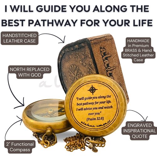 Divine Path Engraved Compass - I Will Guide You - Psalm 32:8" Quote | Inspirational Gifts for Men Women, Uplifting Spiritual Heavenly Faith Gift Boys Girls (Divine Path)