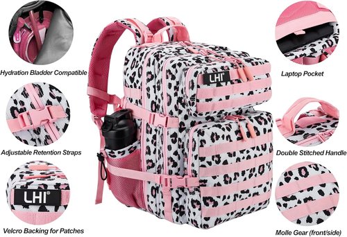 LHI Tactical Backpack - 45L Military Assault Pack with Molle System | Large Rucksack in Pink Leopard