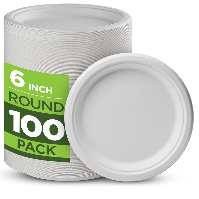 6 Inch 150 Pack Compostable Heavy Duty Paper Plates - White, Sugarcane Fiber