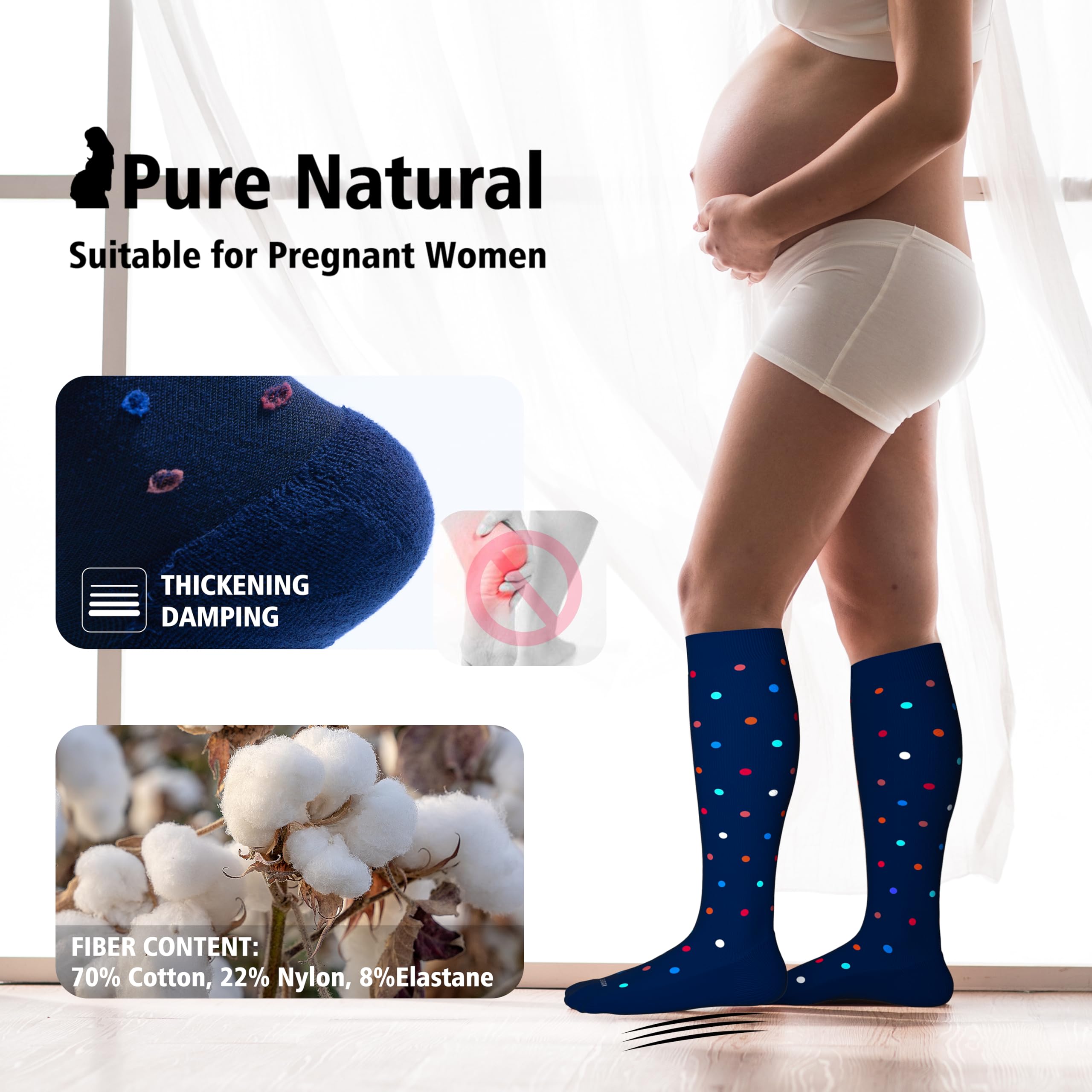 LEVSOX Cotton Compression Socks for Women&Men 20-30 mmHg Knee High Cute Fun Crazy Support Sock for Nurses, Travel and Flight, Pregnancy, 2 Pairs, Black and Navy Blue Polkadot