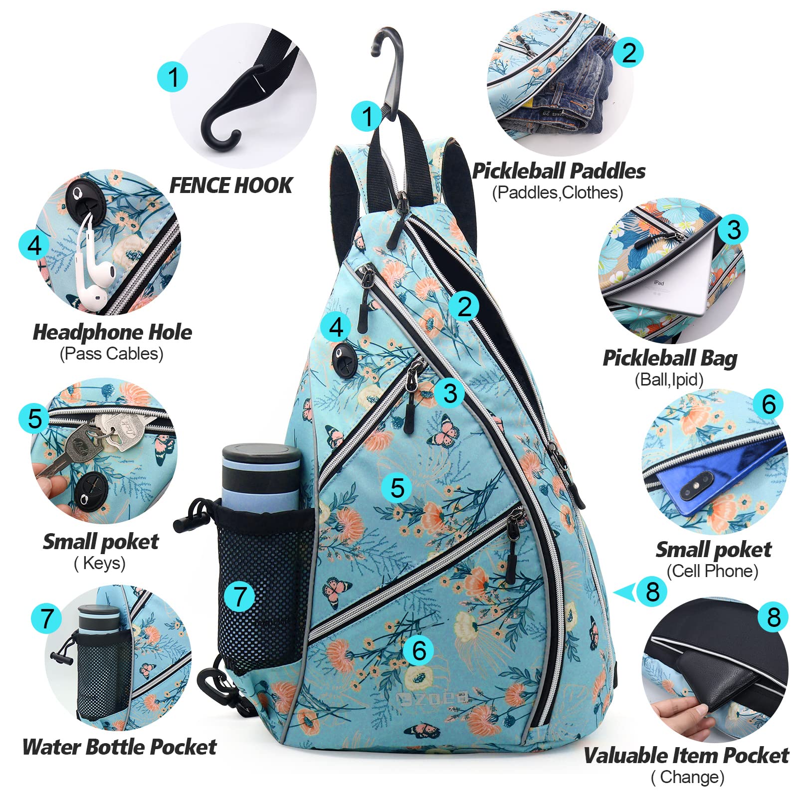 ZOEA Pickleball Sling Bag, Adjustable Pickleball Backpack with Fence Hook Water Bottle Holder, Fits 4 Paddles and All Your Other Gear (Flower Blue)