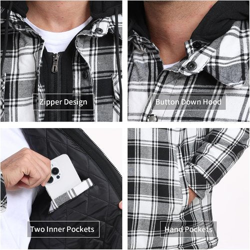 CHEXPEL Flannel Jacket for Men - Long Sleeve Plaid Shirt Coat with Hood & Quilt Lining