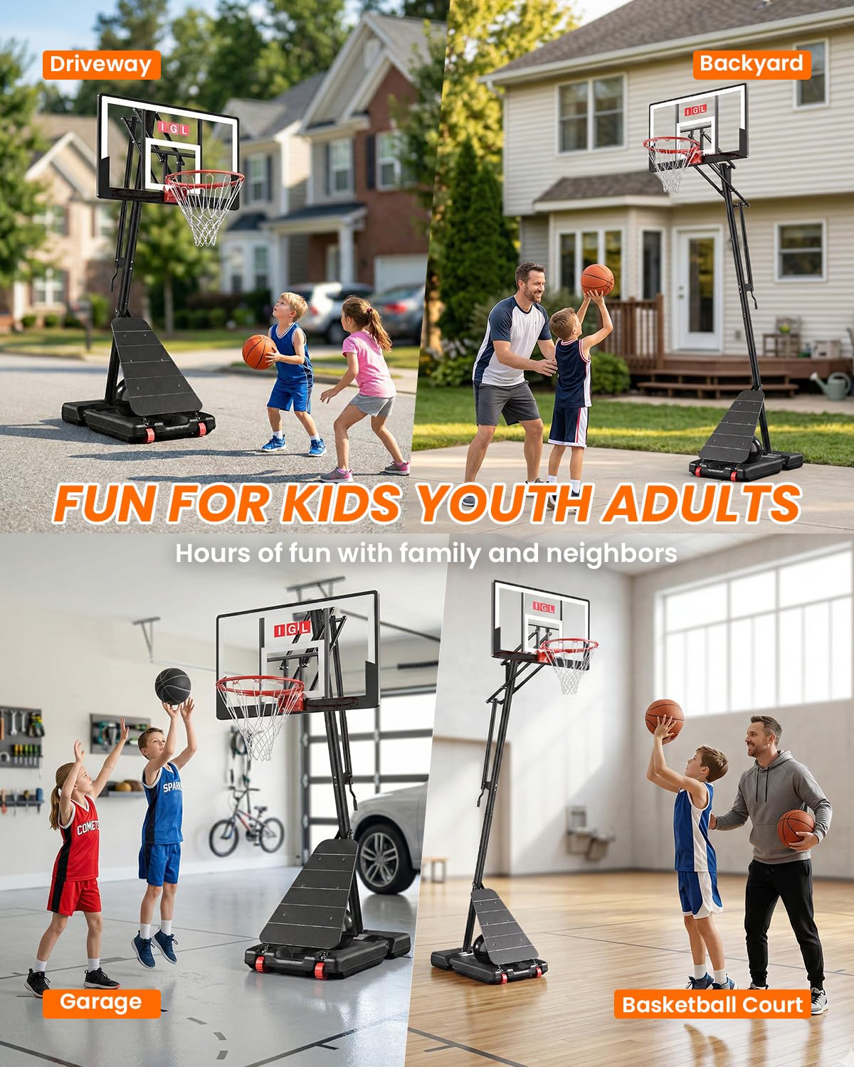 IGL Basketball Hoop Outdoor 40 Inch, Height Adjustable 5.5-10 FT, Portable Basketball Goal with Shatterproof Backboard for Kids Teens Adults, Backyard Driveway