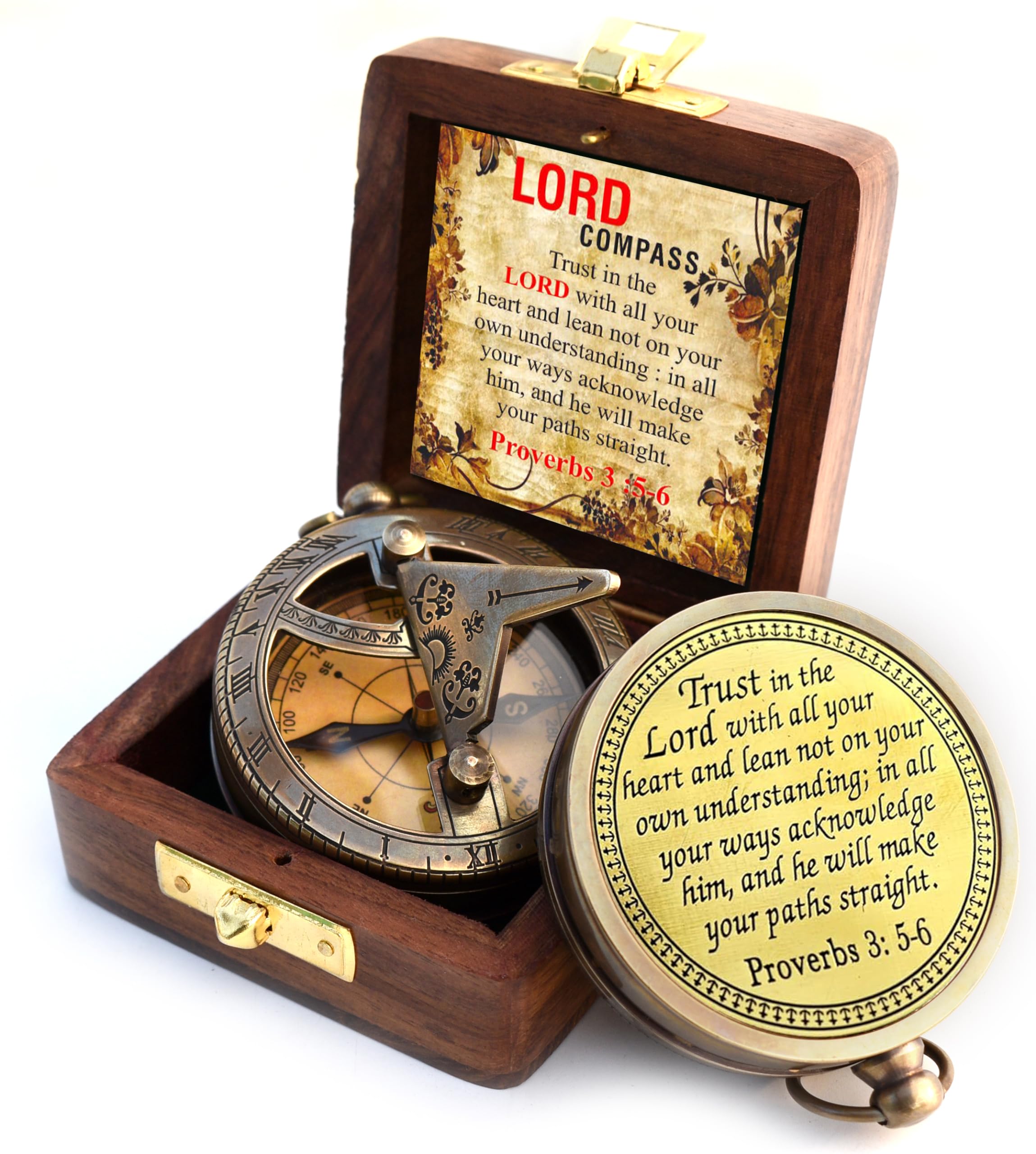 Trust in The Lord-Proverbs 3: 5-6 verse Engraved Sundial Clock in Box Sun Clock Ship Replica Watch, Sundial Compass, Gift Compass, 2025 Graduation Gifts- Baptism Gifts Compass for Women Mens Boy Girls
