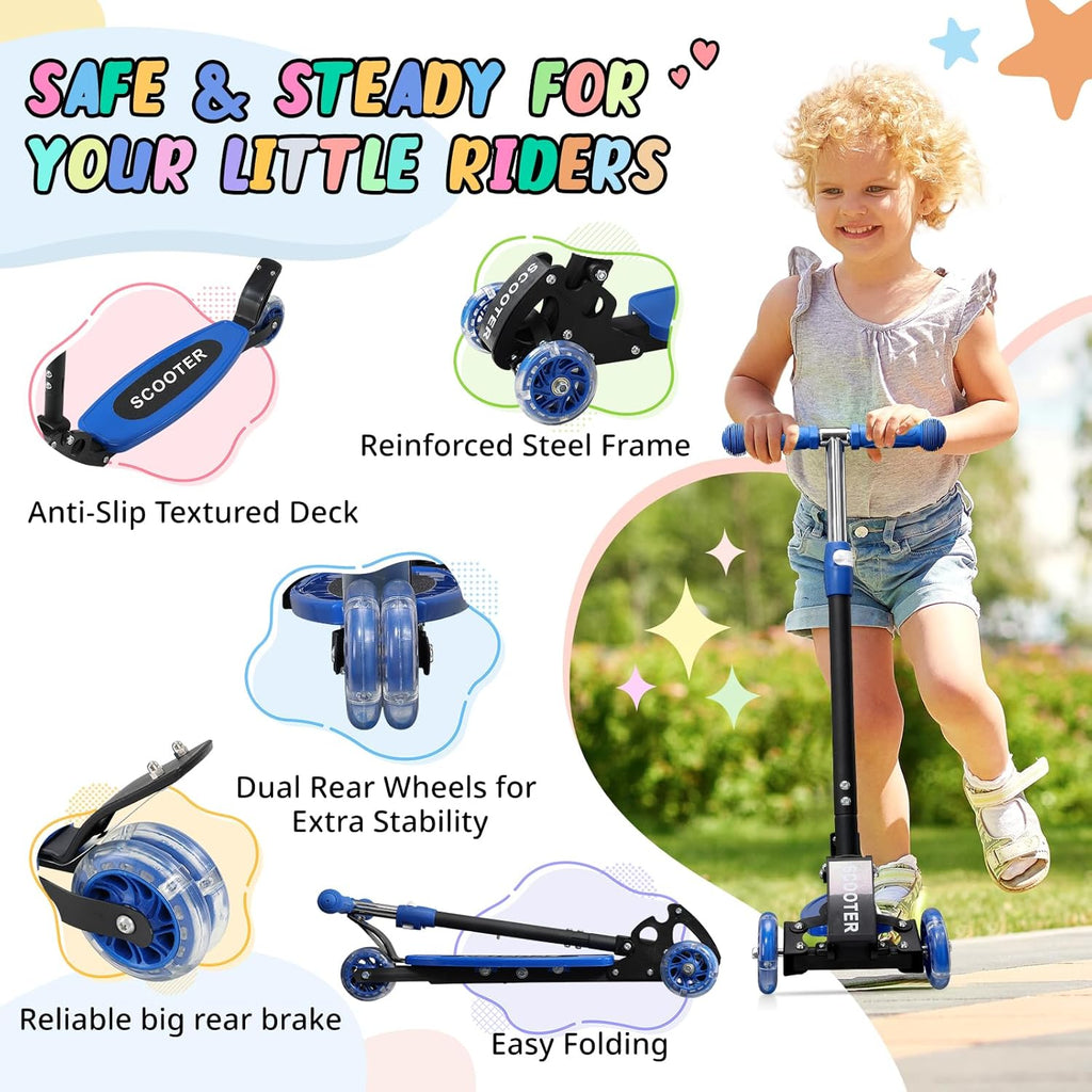 Skiennix Kick Scooter for Kids 3-7 Years - Light-Up Three-Wheel Design, Adjustable Height, Foldable, Stable Dual Rear Wheels