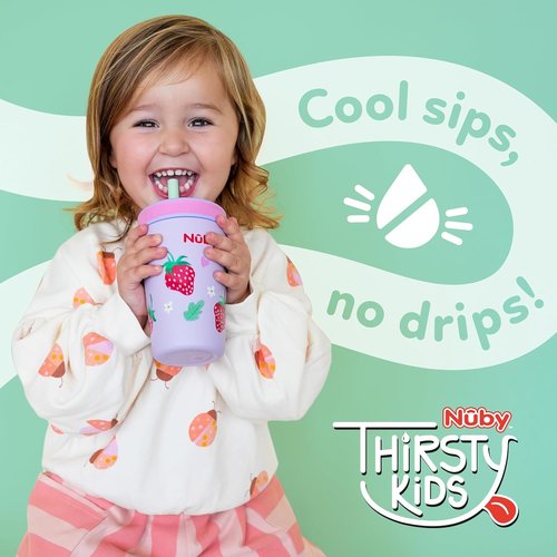 Nuby Thirsty Kids Insulated Toddler Cup - 12 oz Stainless Steel, Leak-Resistant with Silicone Flexstraw - Monster Trucks