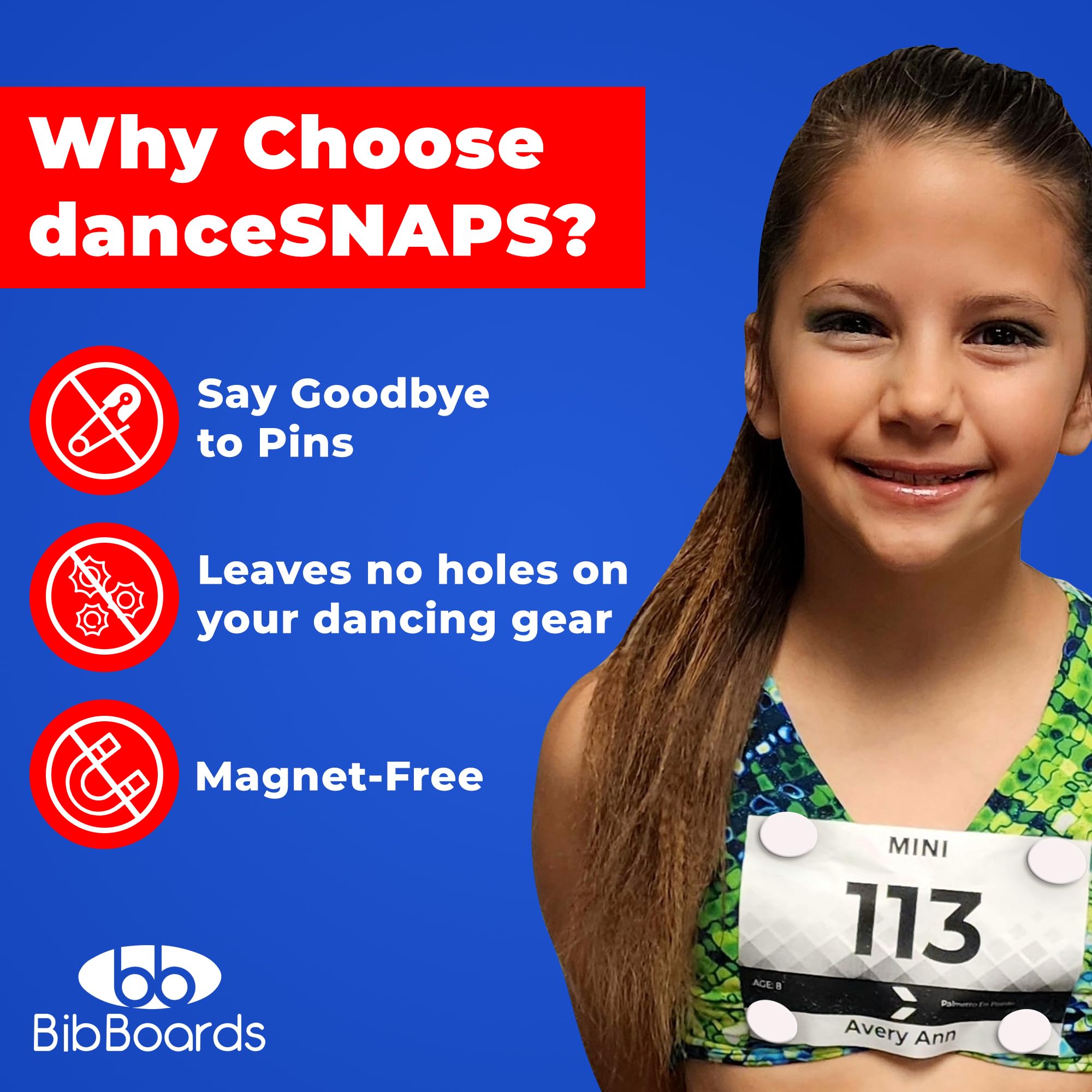BibBoards danceSNAPS Bib Clips Safety Lock Fasteners for Dancers, Competitions, Rodeos - Secure Numbers Without Pins - Reusable, Non-Damaging, Gentle on Fabric - White (4pcs)