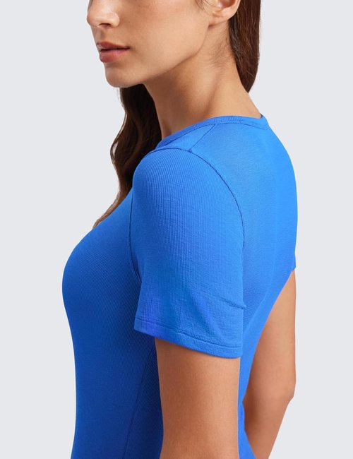 CRZ YOGA Womens Ribbed Modal Casual Short Sleeve Crew Neck Basic Shirts Going Out Soft Fitted Stretchy Athletic Workout Tops