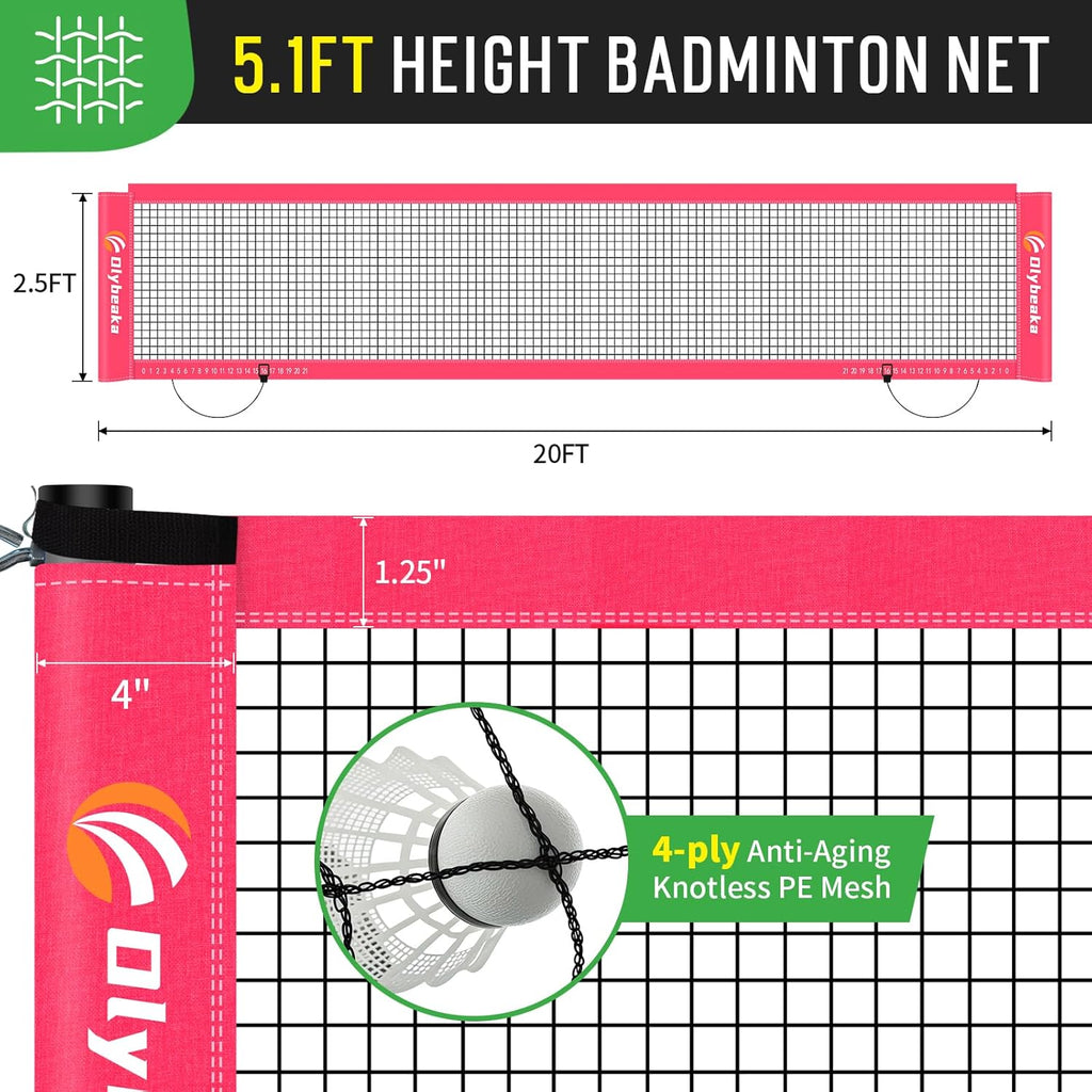 Outdoor Badminton Net Set - 20x3ft Anti-Sag Net, 4 Aluminum Rackets & 3 Shuttlecocks | Portable Family Fun