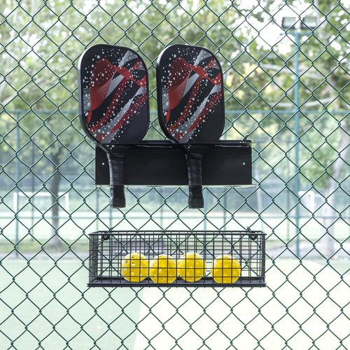 MyGift 16.5 Inch Black Metal Pickleball Paddle Rack and Ball Storage, Wall Mounted or Fence Hanging Equipment Organizer with Racket Holder and Basket for Balls