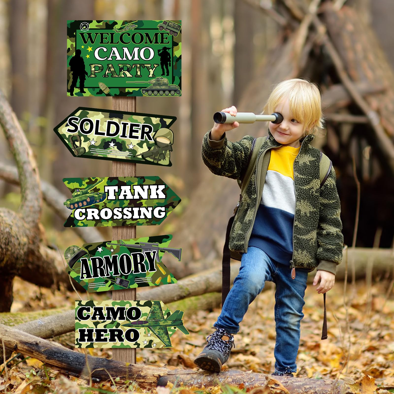 Hooqict 20 Pieces Camo Party Signs Army Birthday Party Decorations Camouflage Military Birthday Party Supplies for Boys Men Army Themed Directional Sign