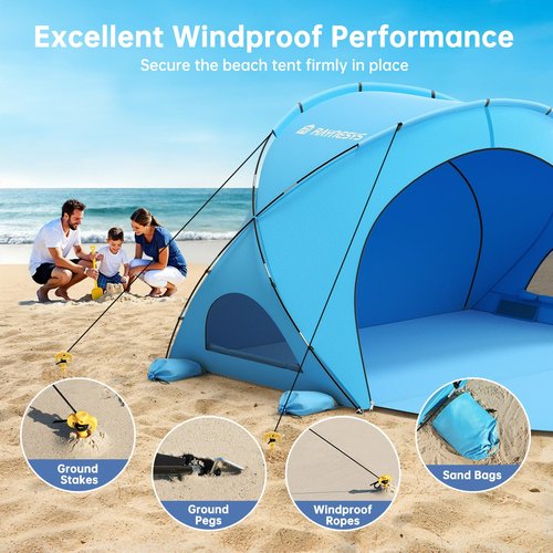 Raynesys Beach Tent Sun Shelter for 1-3 Person, Portable Sun Shelter, Sun Shade Tents with 2 Zippered Doors, Cool Cabana for Sand Camping, Blue