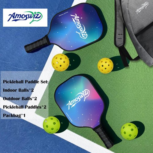 Amoswiz Pickleball Paddles Set of 2, Premium Fiberglass Star Sky Pickleball Paddles for Beginers, Pickleball Set with 4 Pickle Balls, Gift for Adult & Kids