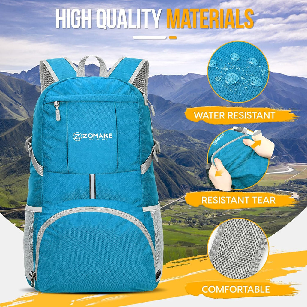 ZOMAKE Lightweight Packable Backpack - 35L Water-Resistant Folding Hiking Bag | Compact Travel Day Pack (Light Blue)