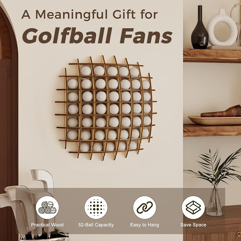 Wall-Mounted Golf Ball Display Case, 52-Ball Wooden Holder Rack