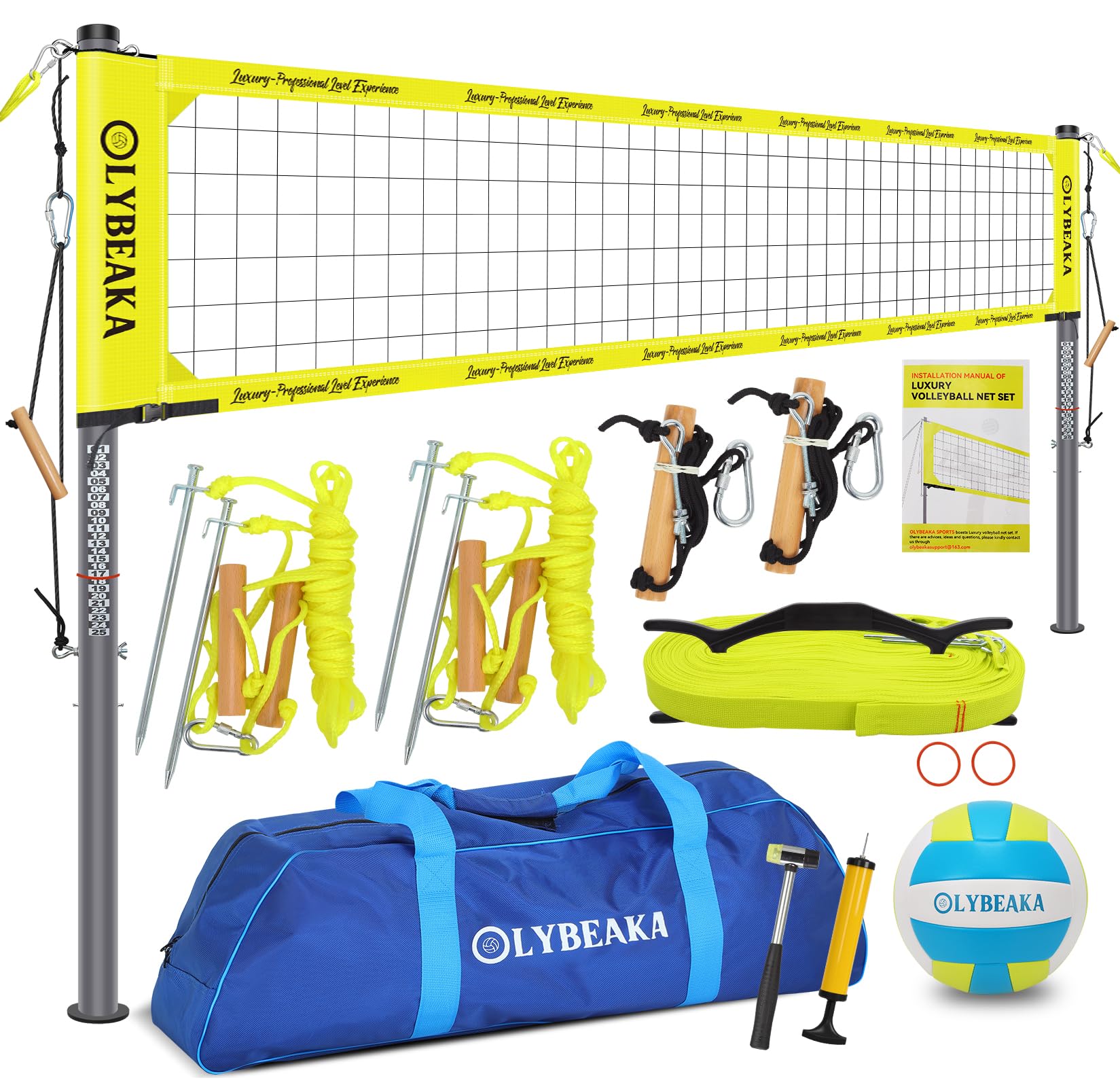 Outdoor Professional Volleyball Net Set with Heavy Duty 2" Adjustable Aluminum Poles, Tetoron Net, Portable 1800D Carry Bag - Super Stable & Anti-Sag with 2 Tension Adjusters for Backyard Beach Grass