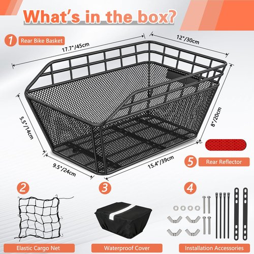 Large Bicycle Basket - Rear Bike Basket with Cargo Net and 2-in-1 Waterproof Cover, Wire Bike Baskets, Large Capacity for Adult Bikes,Electric Bike,Carrying Grocery,Ball,Dog