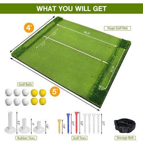 VIVITORY 5x4ft 21mm-45mm Golf Mat with Ball Tray, Thickening Golf Hitting Mat, Integrated Golf Practice with 10 Golf Balls, 7 Golf Tees, Artificial Golf Turf Mat Practice Swing Mats