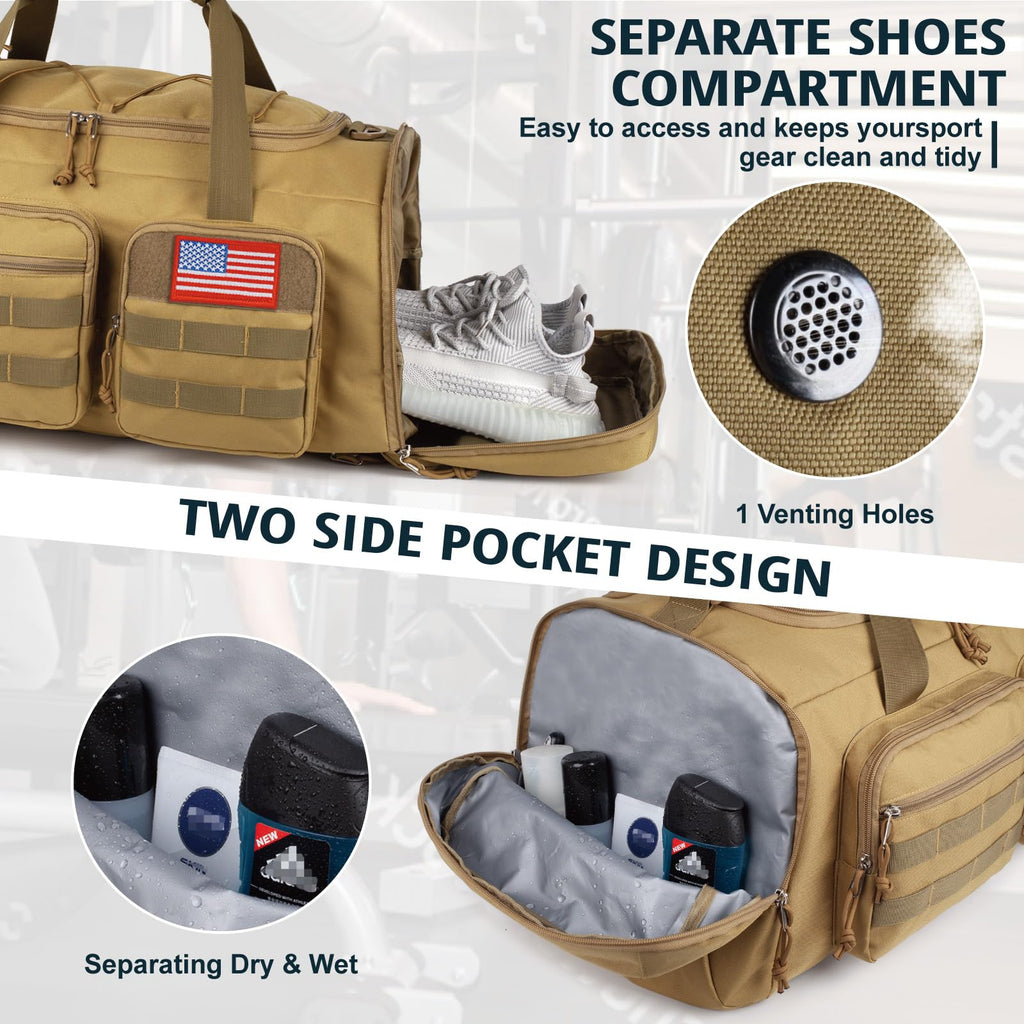Tactical Gym Bag for Men，50L Large 3 in 1 Sports Duffle Bag with Shoes Compartment for Travel,Water Resistant Travel Backpack Weekender Overnight Bag with Wet Pocket for Women