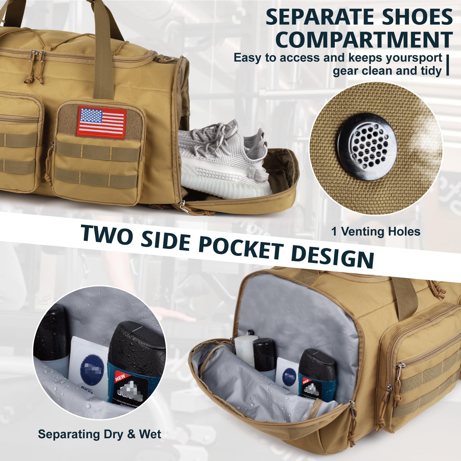 Tactical Gym Bag for Men，50L Large 3 in 1 Sports Duffle Bag with Shoes Compartment for Travel,Water Resistant Travel Backpack Weekender Overnight Bag with Wet Pocket for Women