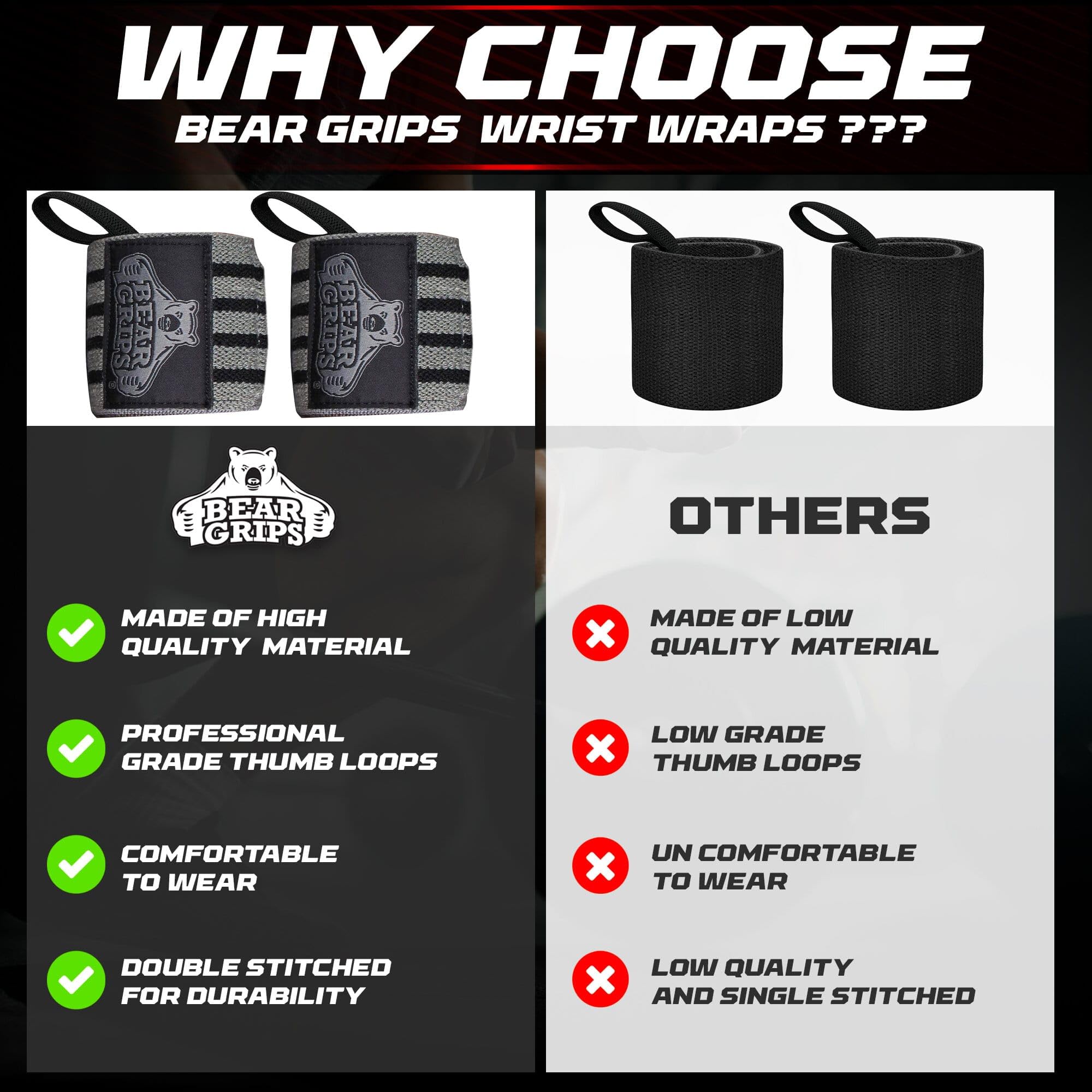 Bear Grips Extra Strength Gym Wrist Wraps for Weightlifting | 2 Wrist Wraps Per Pack | 12" & 18" | Unisex