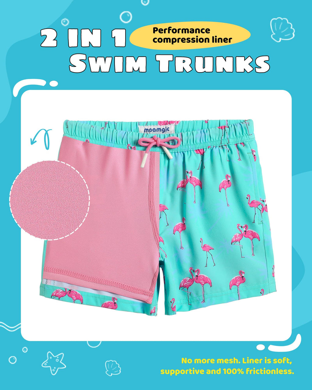 maamgic Boys Swim Trunks with Compression Liner Toddler Stretch Swim Shorts Quick Dry Swimming Trunks Boxer Brief 2 in 1 Beach Shorts Blue Flamingos 3T